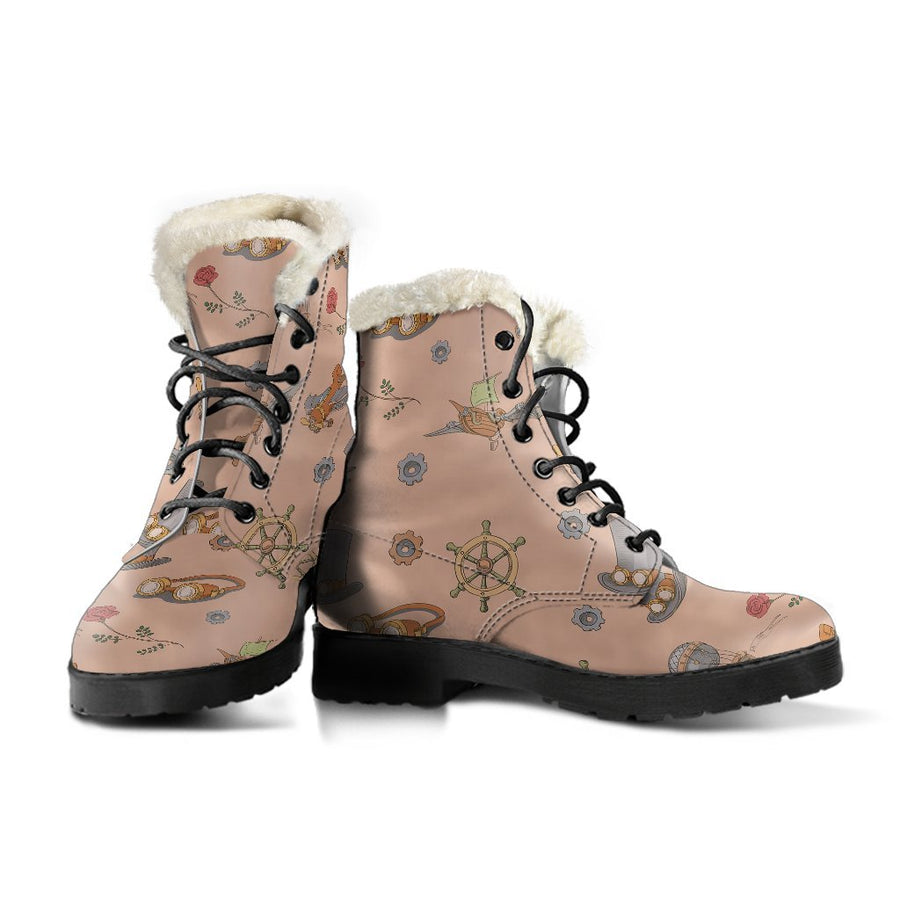 Vintage Steampunk, Pink Wonderland Print Comfy Faux Fur Boots For Holiday Season