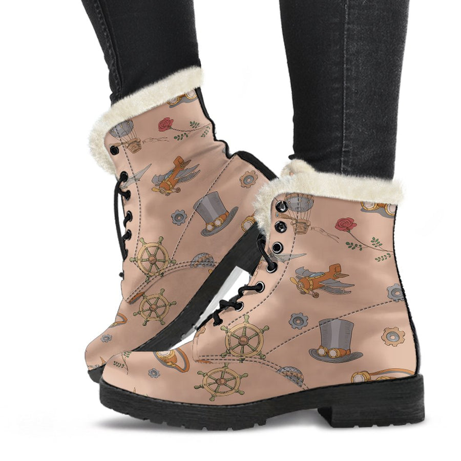 Vintage Steampunk, Pink Wonderland Print Comfy Faux Fur Boots For Holiday Season