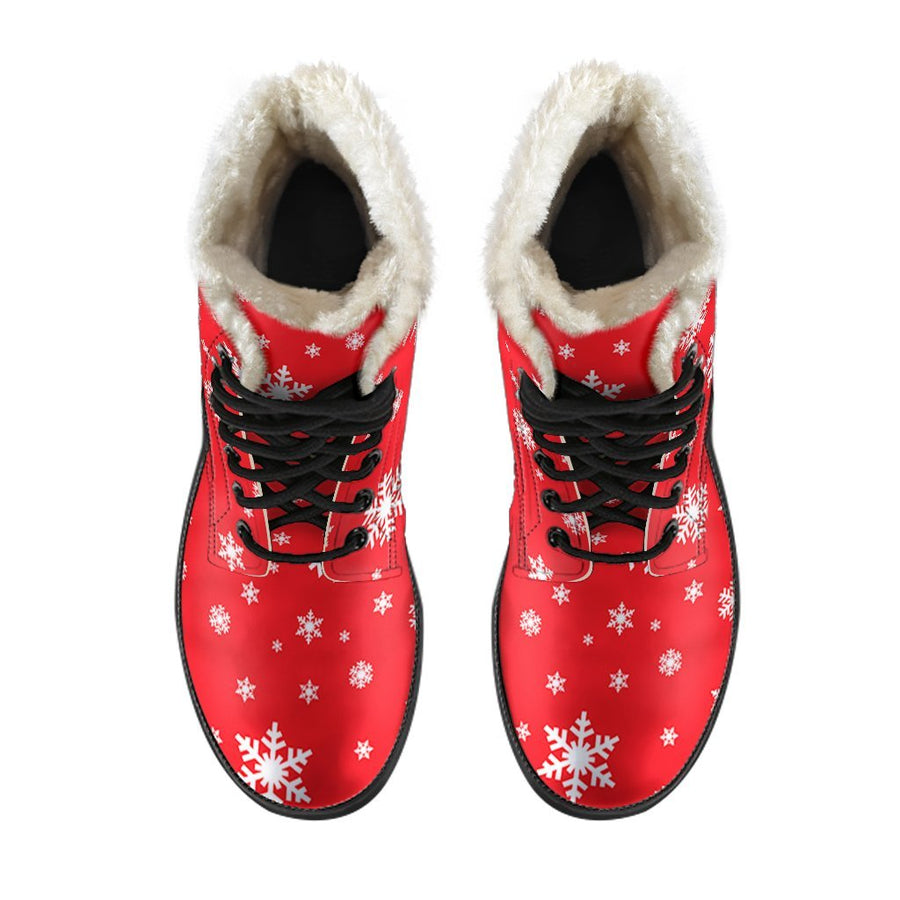 Winter Snowflake, Vintage Vibes Print Comfy Faux Fur Boots For Holiday Season