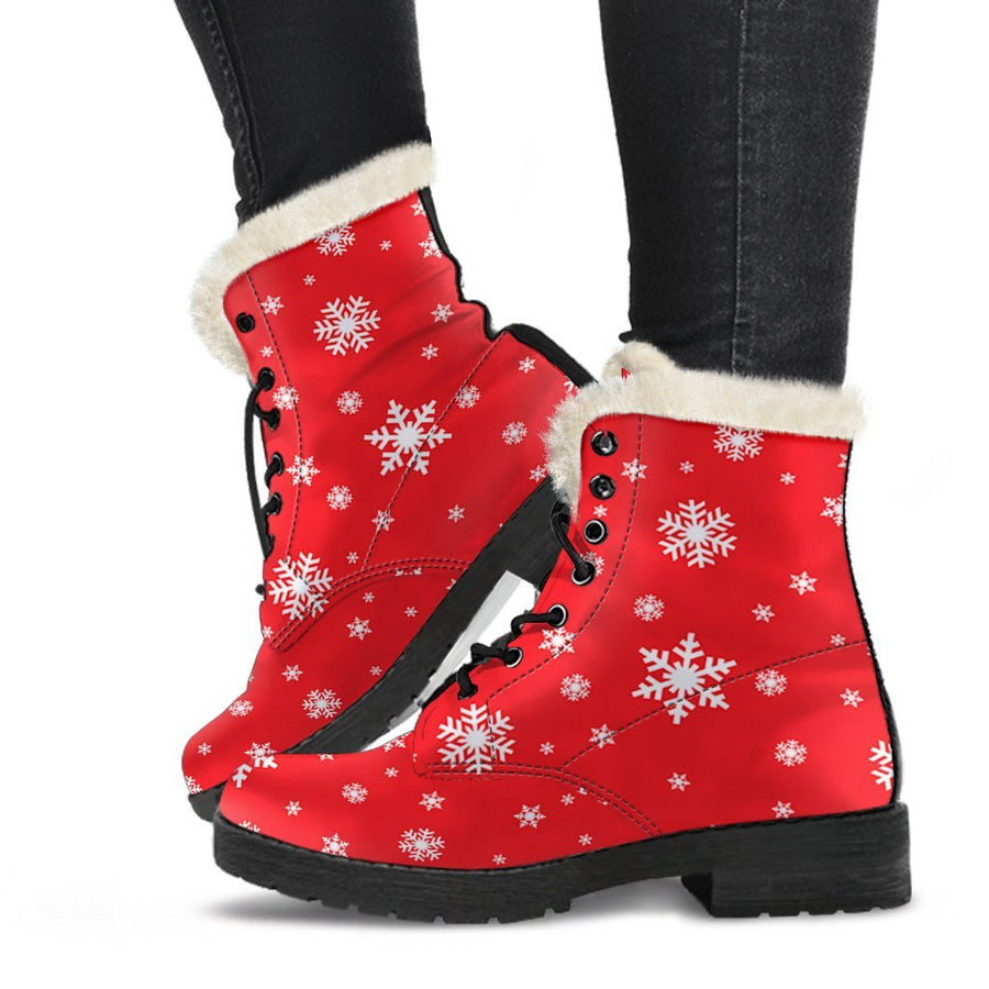 Winter Snowflake, Vintage Vibes Print Comfy Faux Fur Boots For Holiday Season