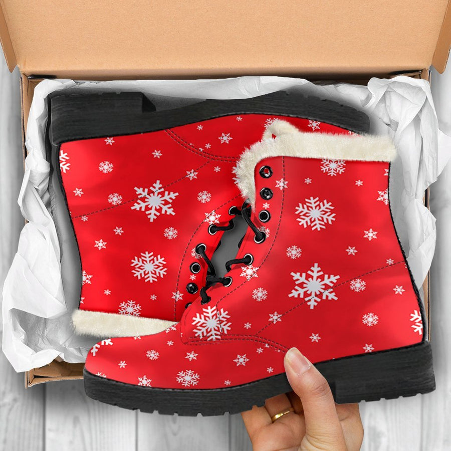Winter Snowflake, Vintage Vibes Print Comfy Faux Fur Boots For Holiday Season
