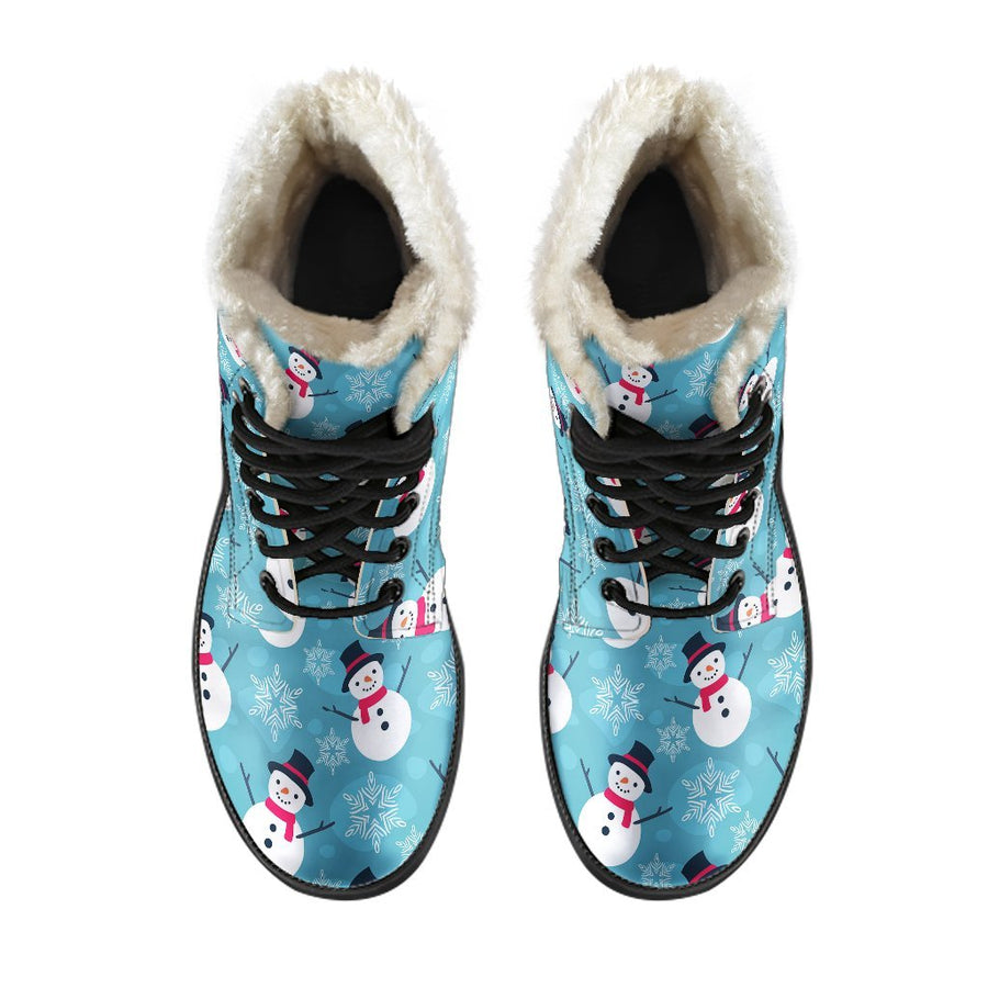 Winter Snowman, Vintage Blue Print Comfy Faux Fur Boots For Holiday Season
