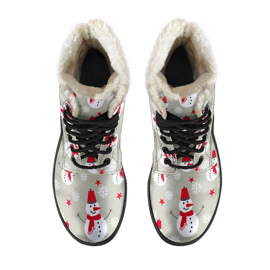 Winter Snowman, Vintage Vibes Print Comfy Faux Fur Boots For Holiday Season