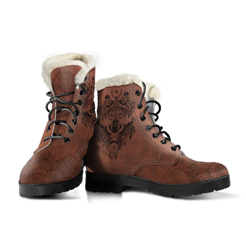Emerald Blossoms - Spiritual Wolf Mandala Womens Boots Fur Leather Boots for Women Combat Style Boots For Man Gift Spiritual Boots, Unique Brown Vegan Boots
