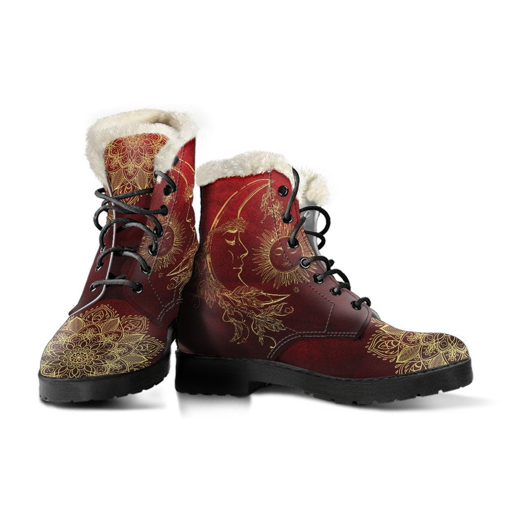 Emerald Blossoms - Sun And Moon Mandala Gold Women's Boots Faux Fur Leather Boots for Women Combat Style Man Gift Spiritual Boots,Red Gold, Unique Vegan Boots