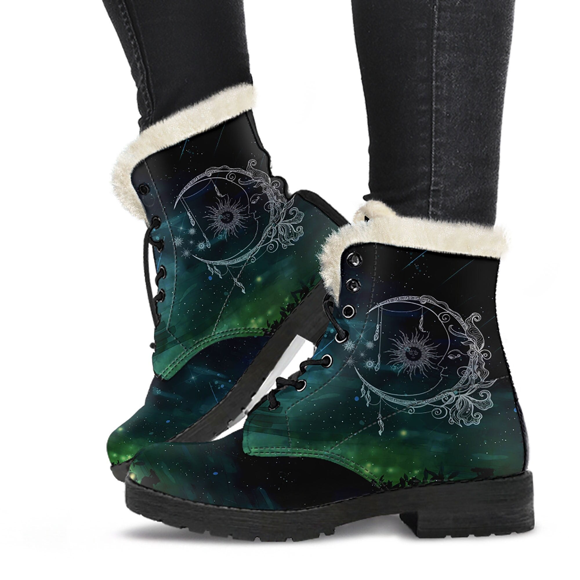 Emerald Blossoms - Sun and Moon Fur Vegan Leather Boots for Women Combat Style Lined Boots For Man Gift For Her, Unique Custom Ankle Boots For Men