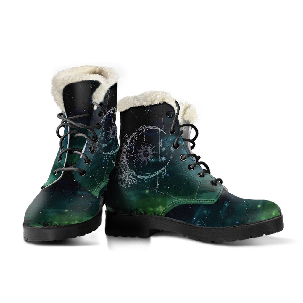 Emerald Blossoms - Sun and Moon Fur Vegan Leather Boots for Women Combat Style Lined Boots For Man Gift For Her, Unique Custom Ankle Boots For Men