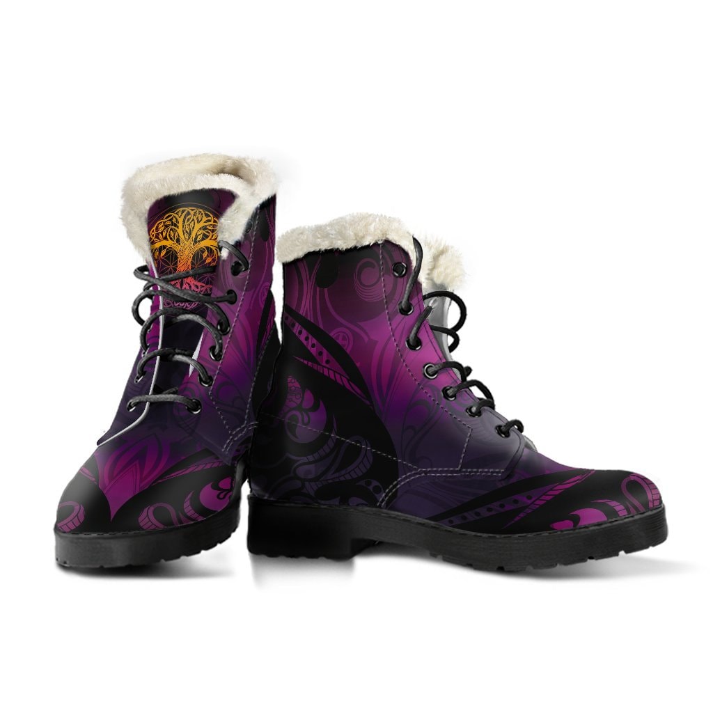 Emerald Blossoms - Tree of Life Leather Boots Women's Boots Purple Faux Fur Leather Boots for Women And Man Gift Rave Boots, Festival Boots, Colorful Boots