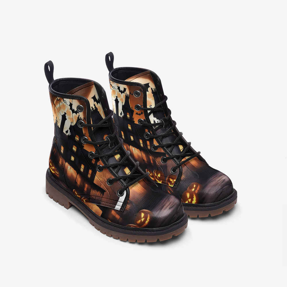 Haunted Castle, Halloween Spice Pumpkin Casual Leather Lightweight Boots For Fall Festivals