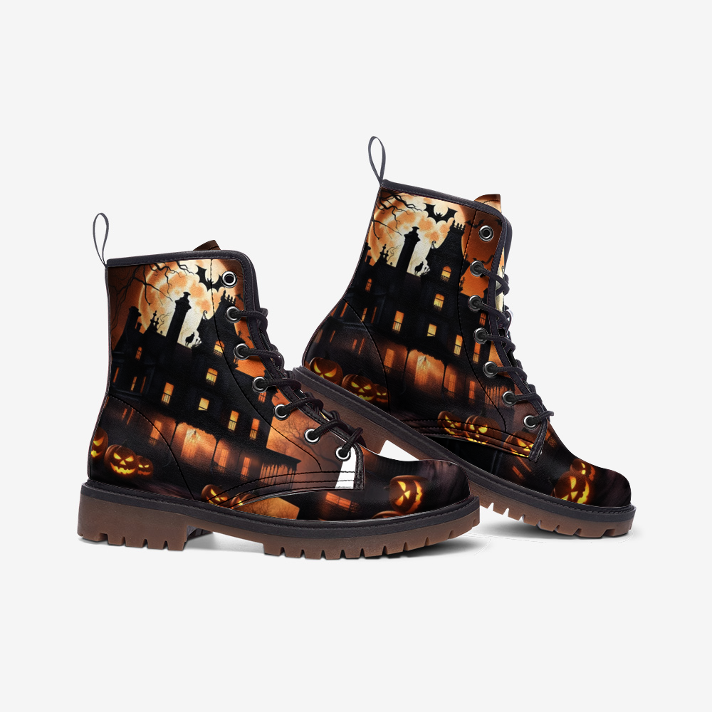 Haunted Castle, Halloween Spice Pumpkin Casual Leather Lightweight Boots For Fall Festivals