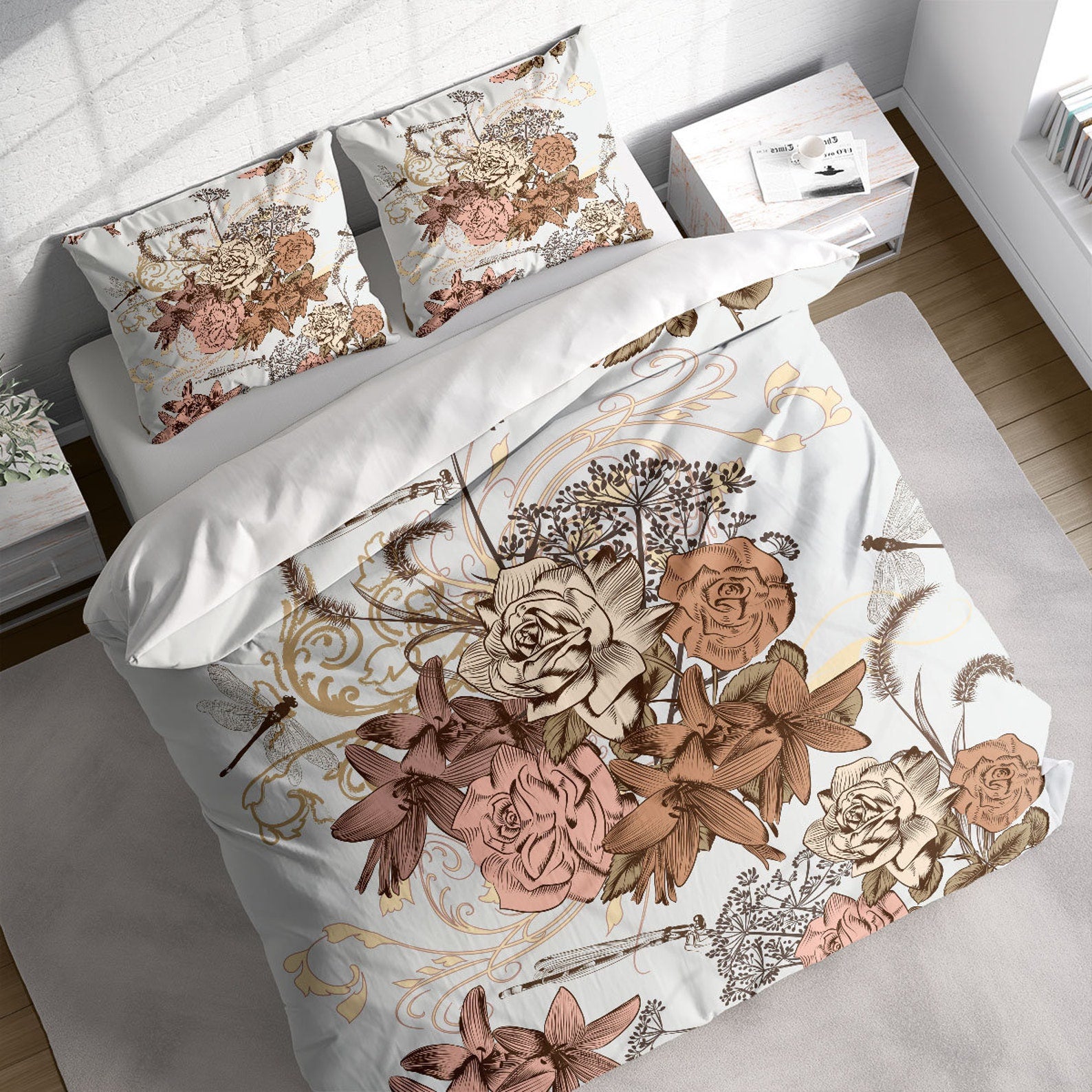 Pink Rose Lily Dragonfly 3 Pcs Beddings For Hippies