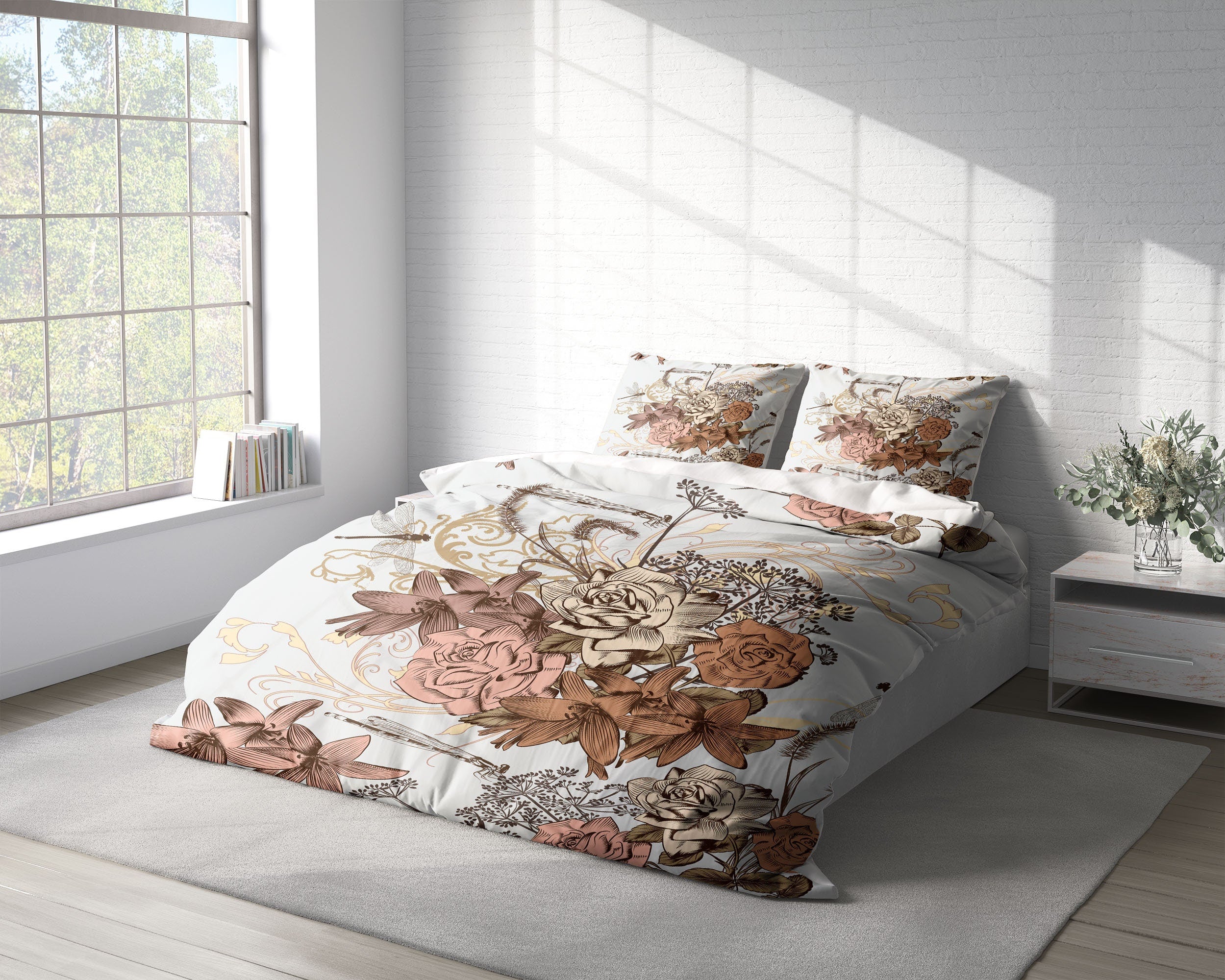 Pink Rose Lily Dragonfly 3 Pcs Beddings For Hippies