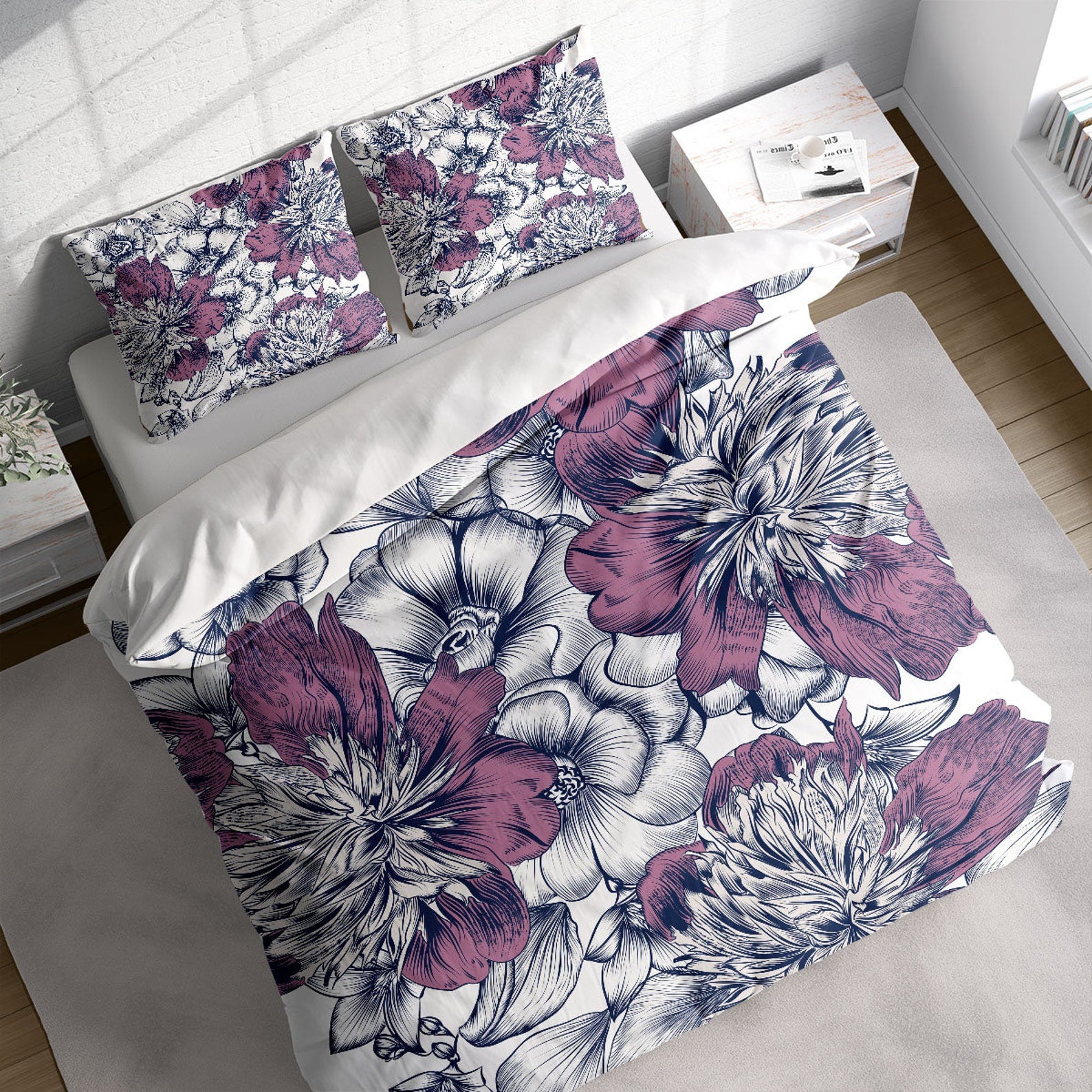 Retro Flower Sketches 3 Pcs Beddings For Hippies