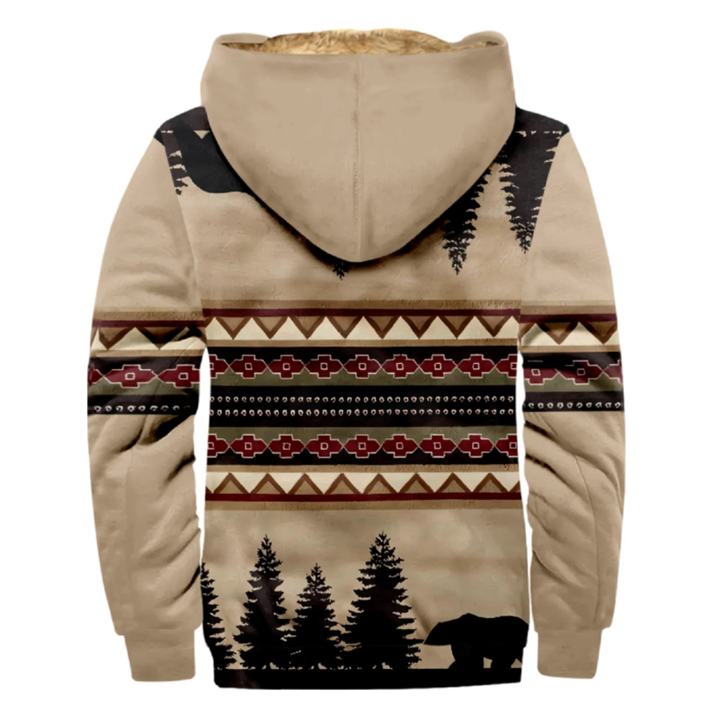 Western Aztec, Pine Forest Pattern Print Wool Hooded Jackets For Hippie