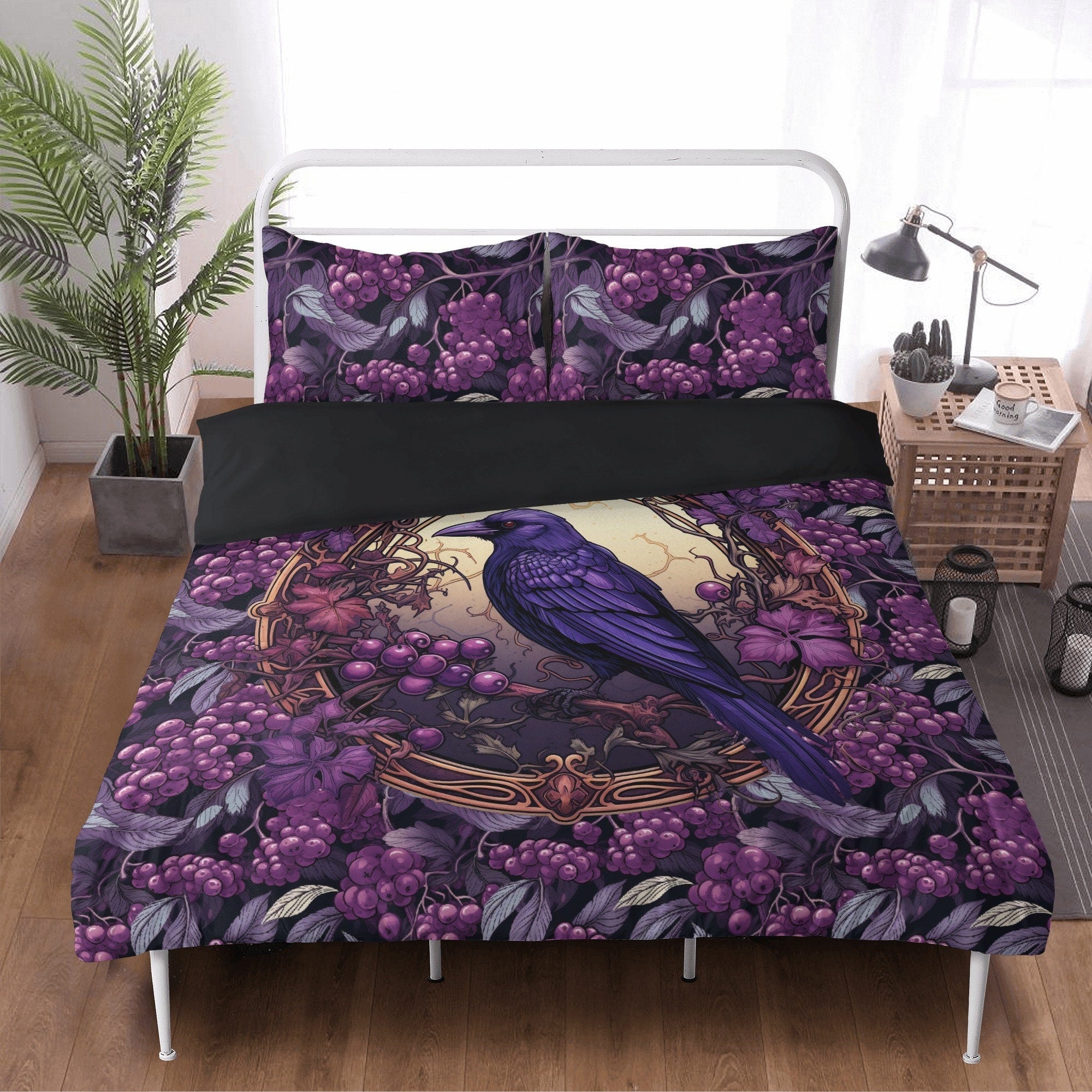 Whimsical Purple Berry Crow Forest 3 Pcs Beddings For Hippies