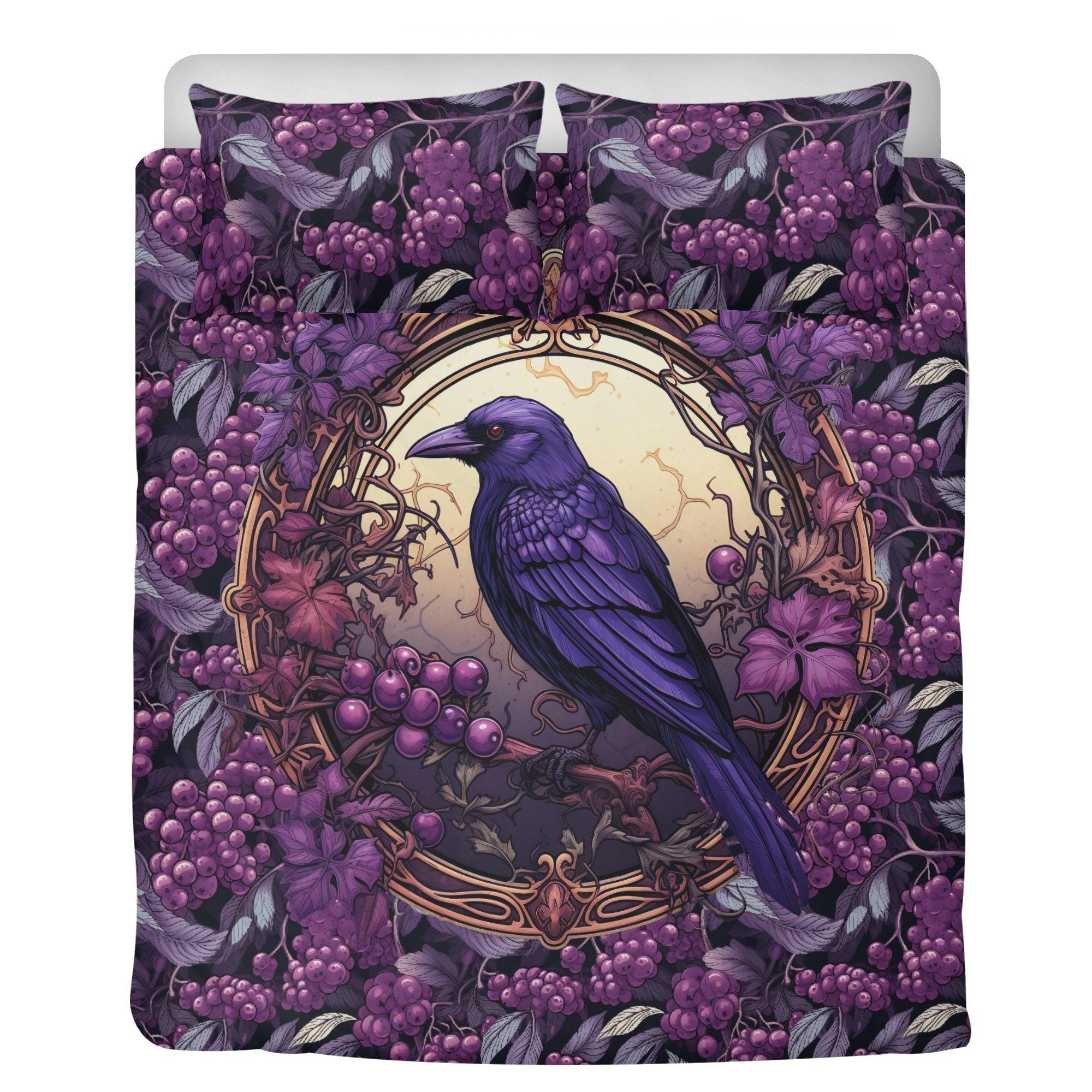 Whimsical Purple Berry Crow Forest 3 Pcs Beddings For Hippies