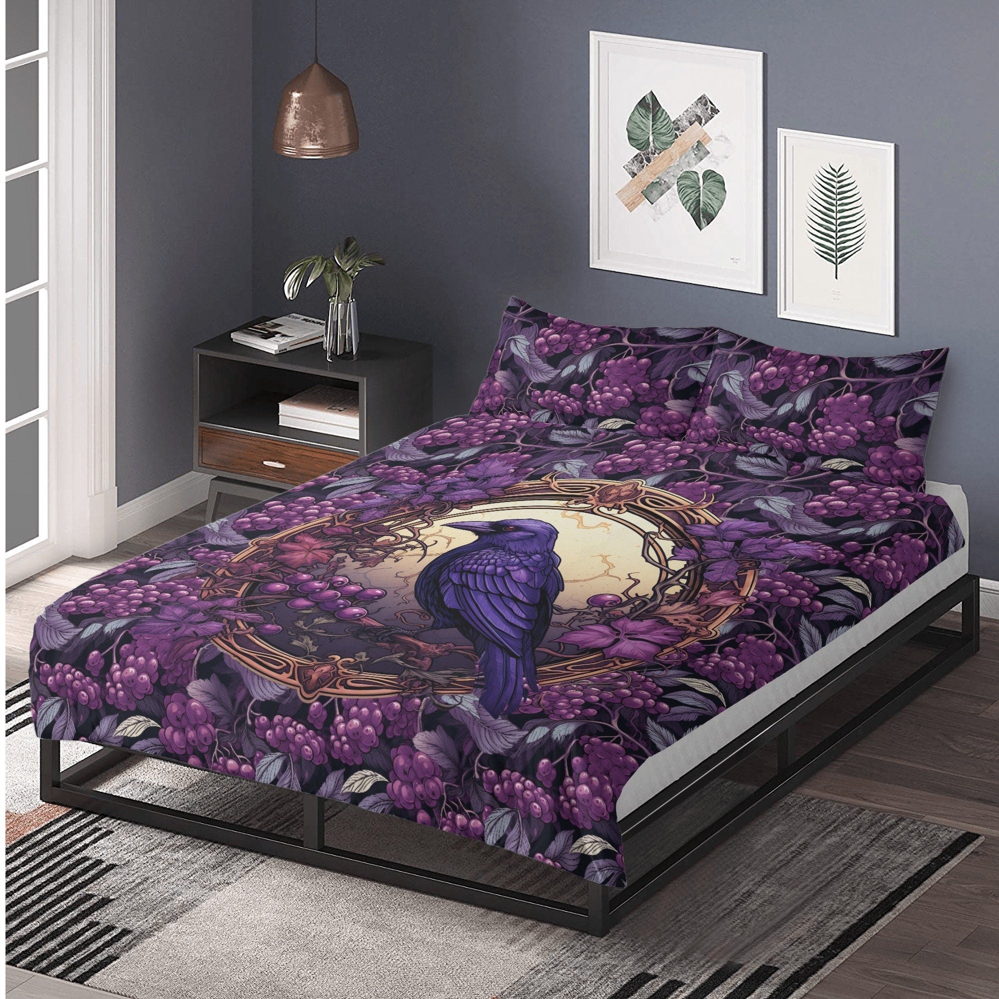 Whimsical Purple Berry Crow Forest 3 Pcs Beddings For Hippies