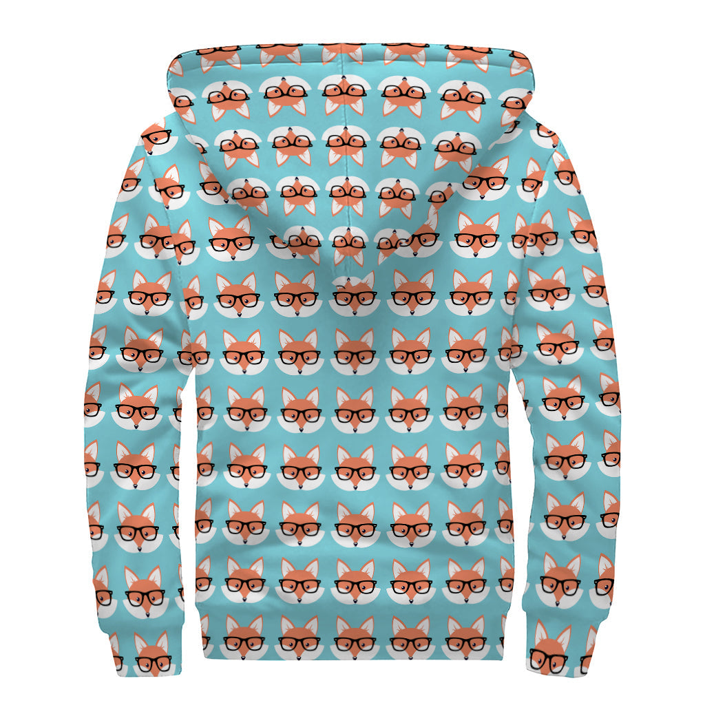 Fox with Glasses Pattern Print Sherpa Lined Zip Up Hoodie: A Hippie's Dream - 2