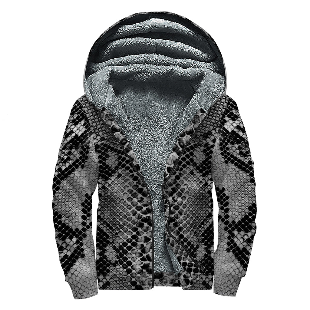 Grey and Black Snakeskin Print Sherpa Lined Zip Up Hoodie - Channel Your Inner Hippie Vibes - 1