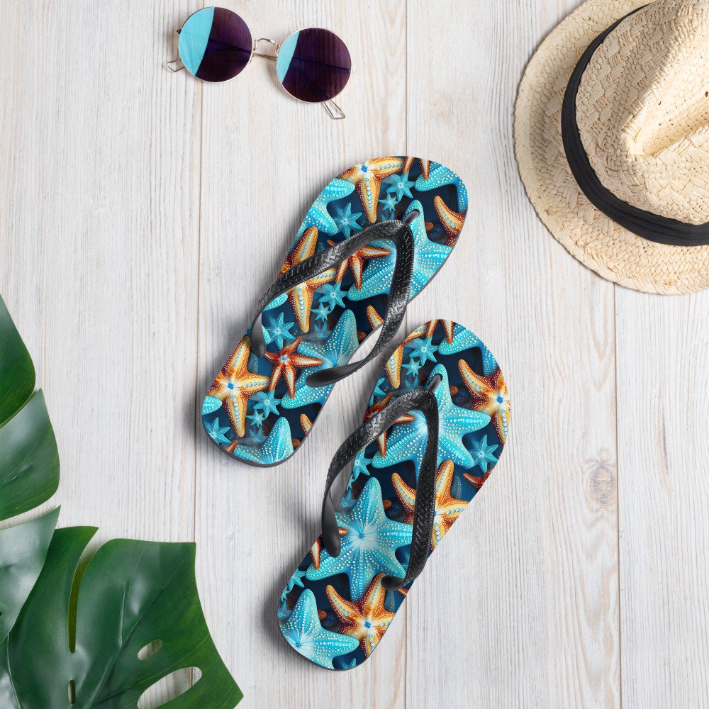 Emerald Blossoms - Blue and Orange Starfish Flip Flops