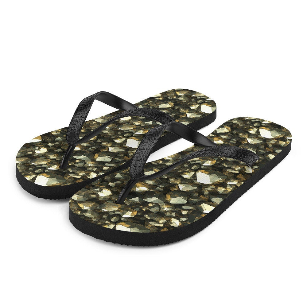 Emerald Blossoms - Golden Pyrite Summer Flip Flops