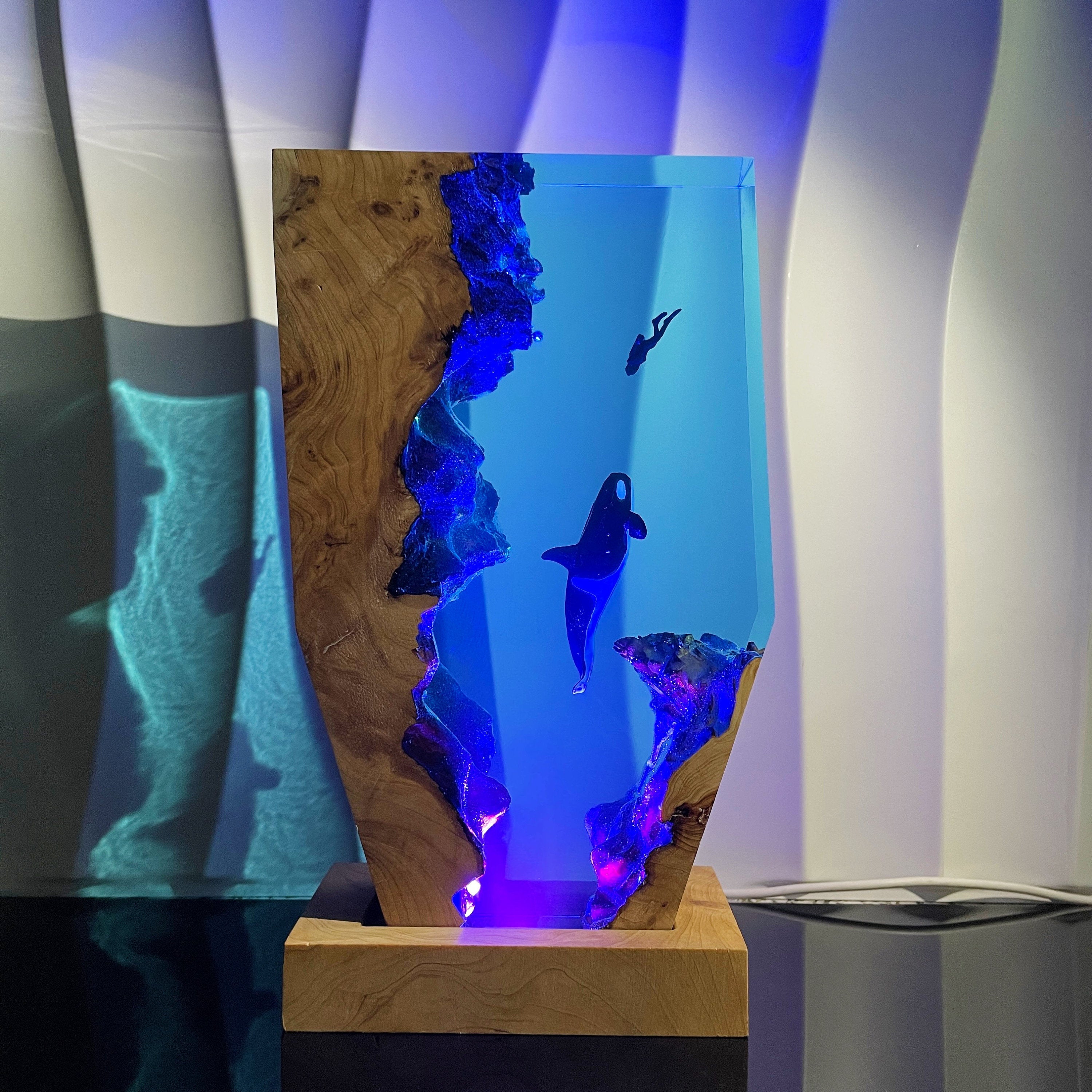 Epoxy Resin Orca Lamp, Undersea Diver Scene, Handmade Wood Base, Diver Encounters Killer Whale, Christmas Gift For Family