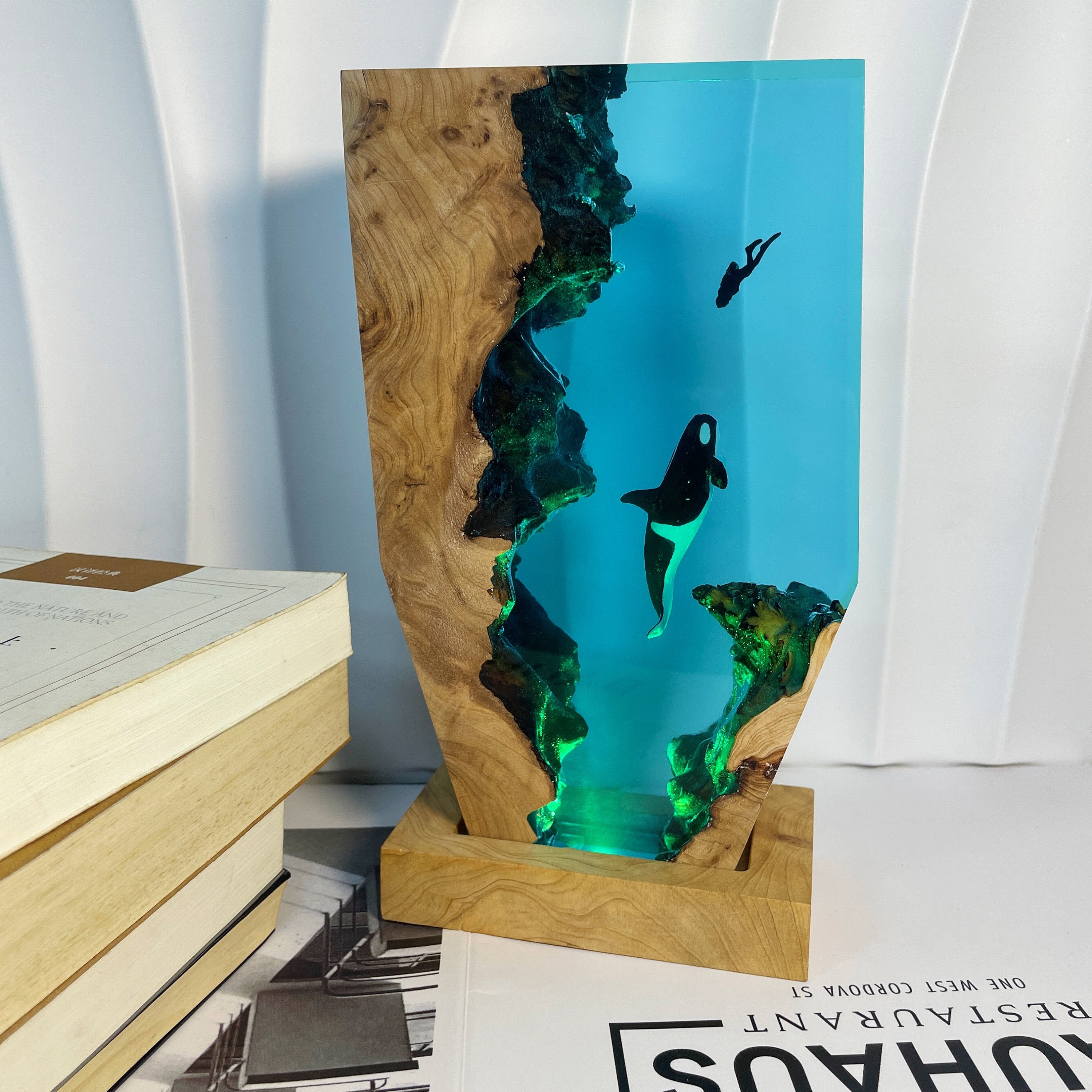 Epoxy Resin Orca Lamp, Undersea Diver Scene, Handmade Wood Base, Diver Encounters Killer Whale, Christmas Gift For Family