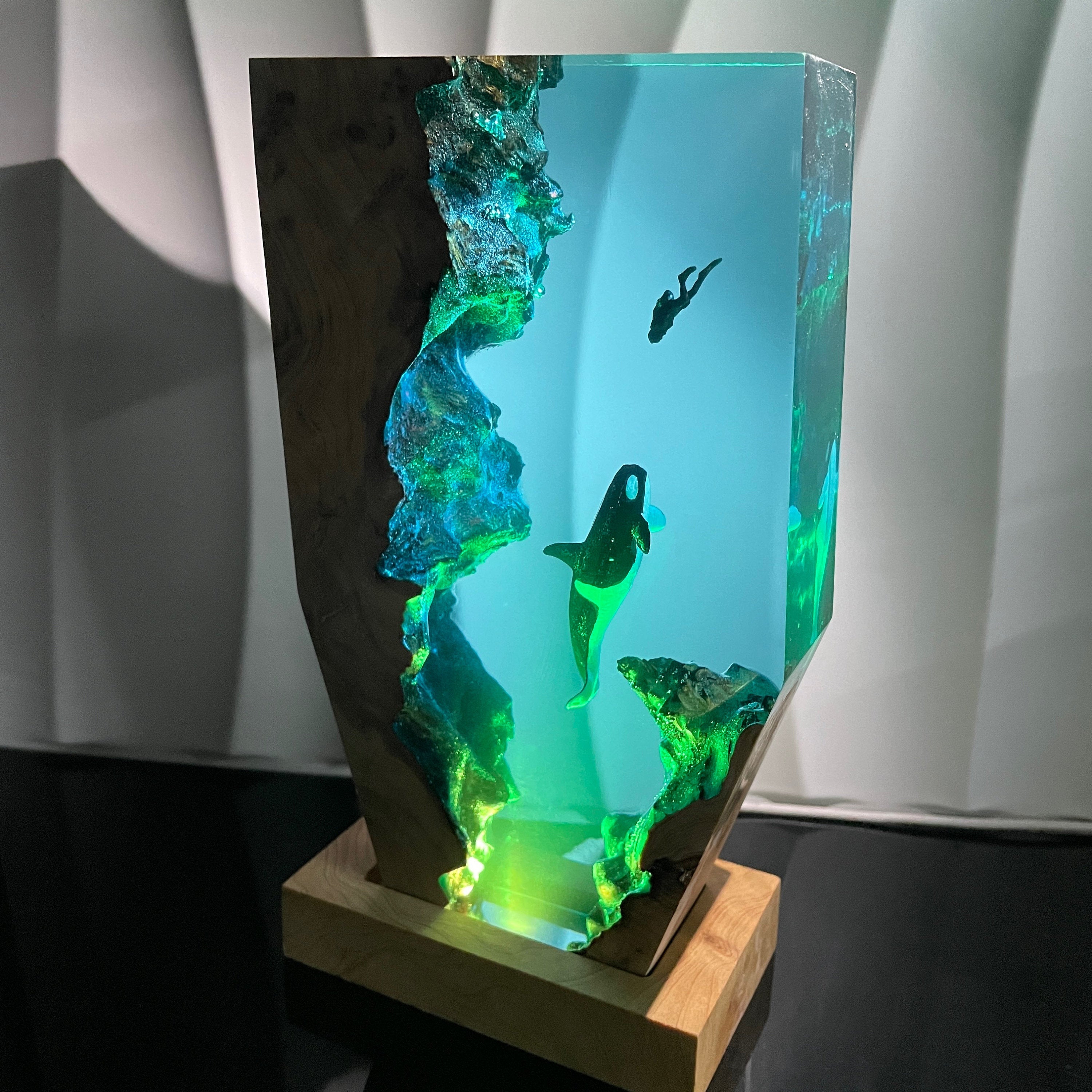 Epoxy Resin Orca Lamp, Undersea Diver Scene, Handmade Wood Base, Diver Encounters Killer Whale, Christmas Gift For Family