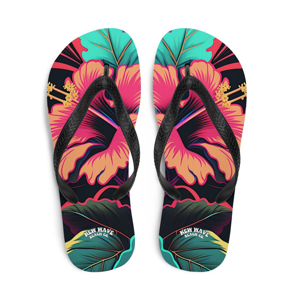 Emerald Blossoms - Pink Hibiscus Tropical Flower Flip Flops Colorful