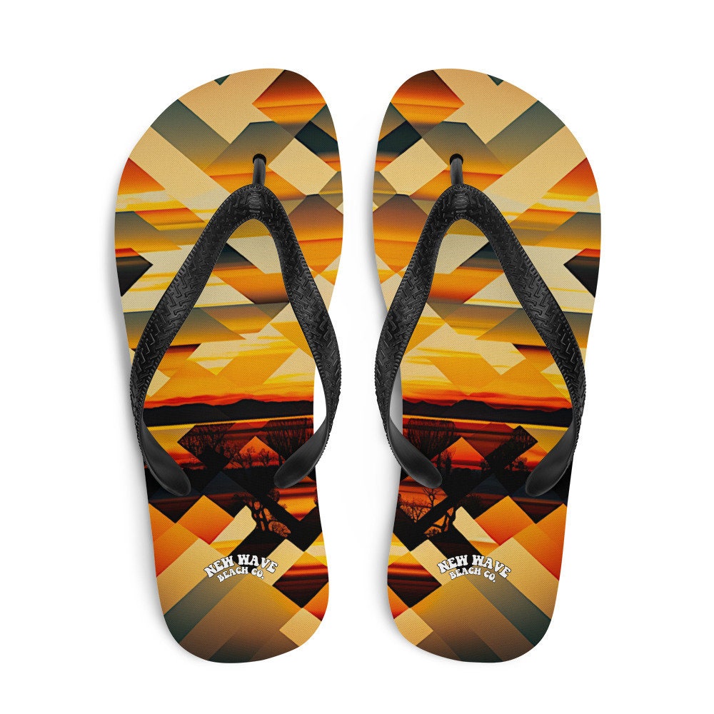 Emerald Blossoms - Retro Geometric Yellow Sunset Tropical Flip Flops Colorful