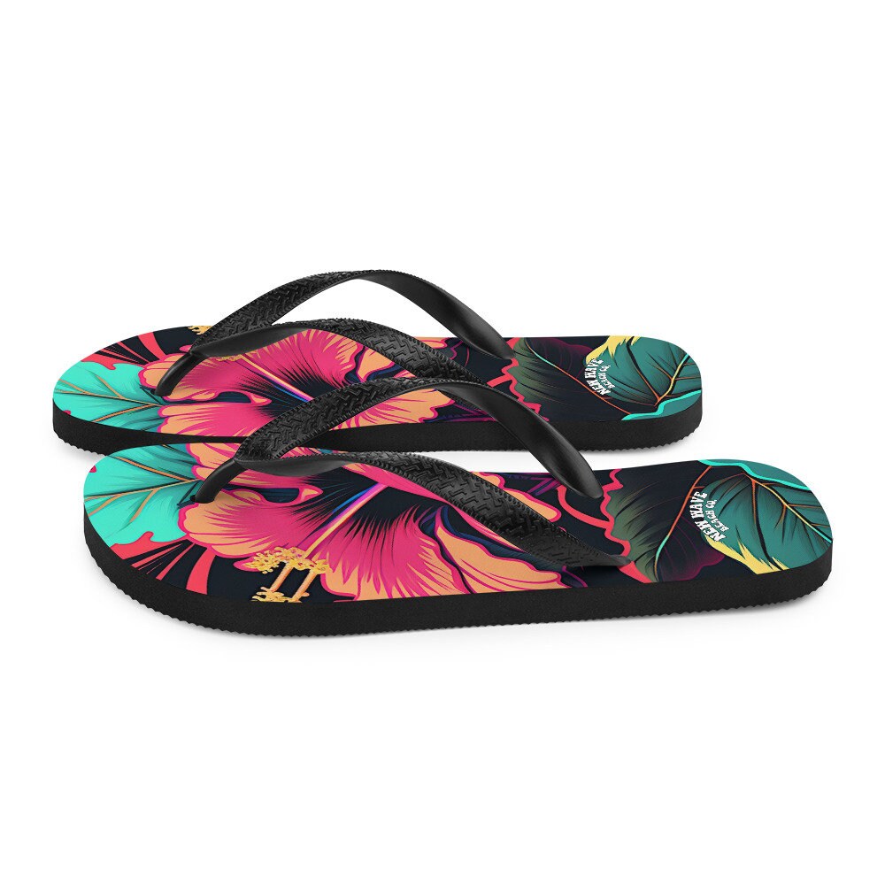 Emerald Blossoms - Pink Hibiscus Tropical Flower Flip Flops Colorful
