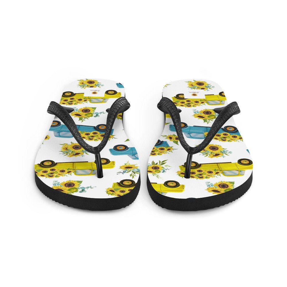 Emerald Blossoms - Vintage Truck with Sunflowers Flip-Flops