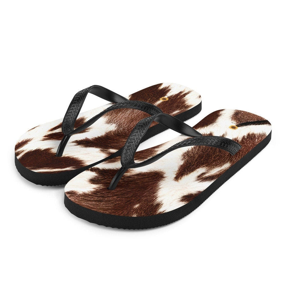 Emerald Blossoms - Cowhide Print Flip-Flops