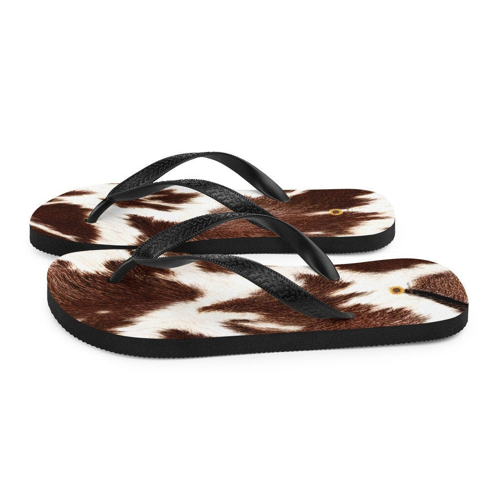Emerald Blossoms - Cowhide Print Flip-Flops