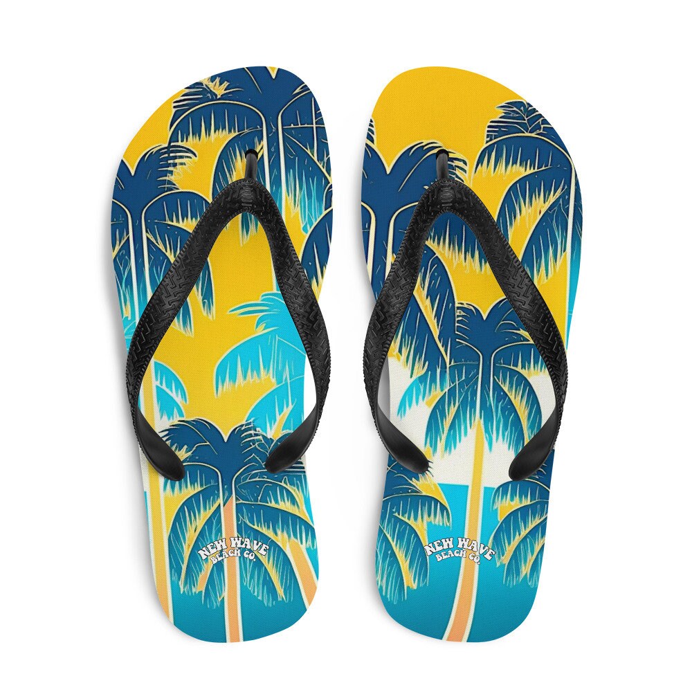 Emerald Blossoms - Retro Yellow Blue Tropical Palm Trees Flip Flops Colorful
