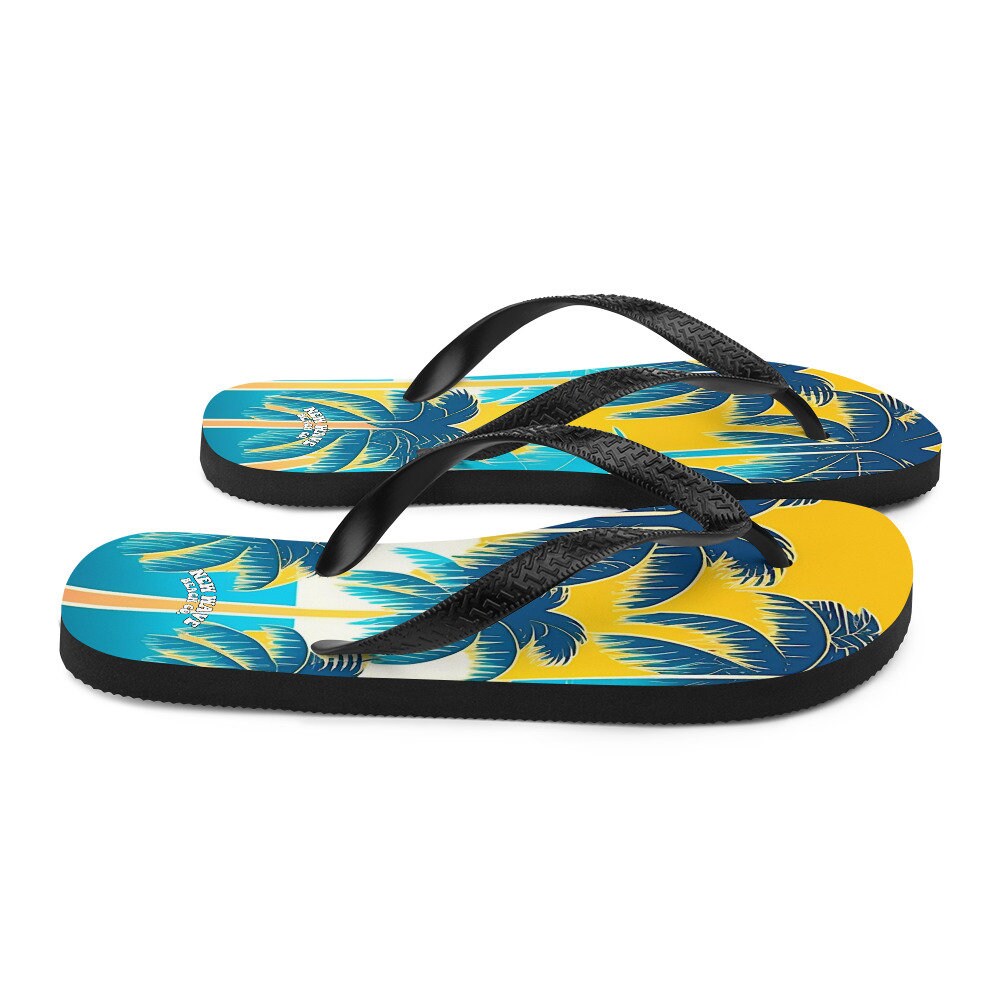 Emerald Blossoms - Retro Yellow Blue Tropical Palm Trees Flip Flops Colorful