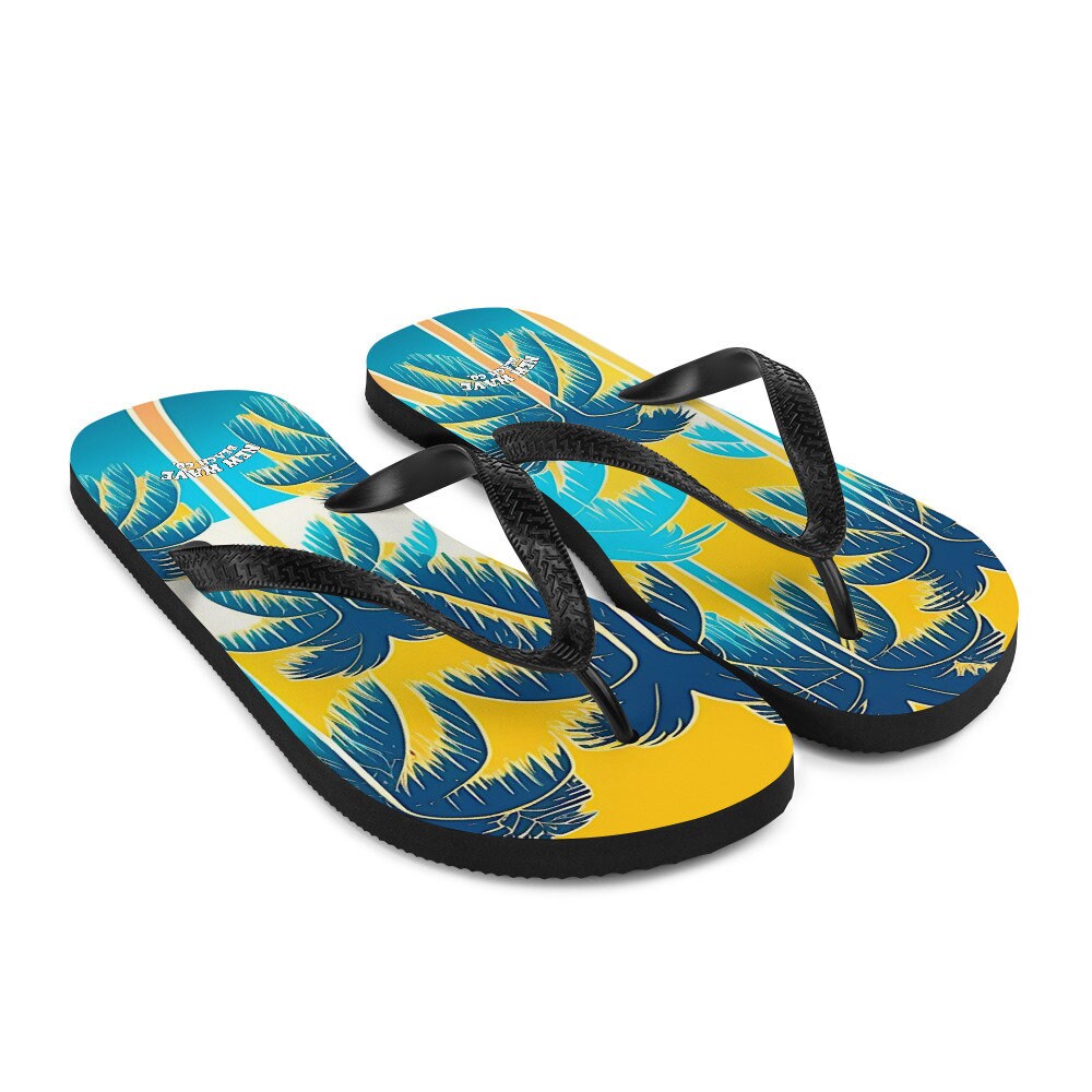 Emerald Blossoms - Retro Yellow Blue Tropical Palm Trees Flip Flops Colorful