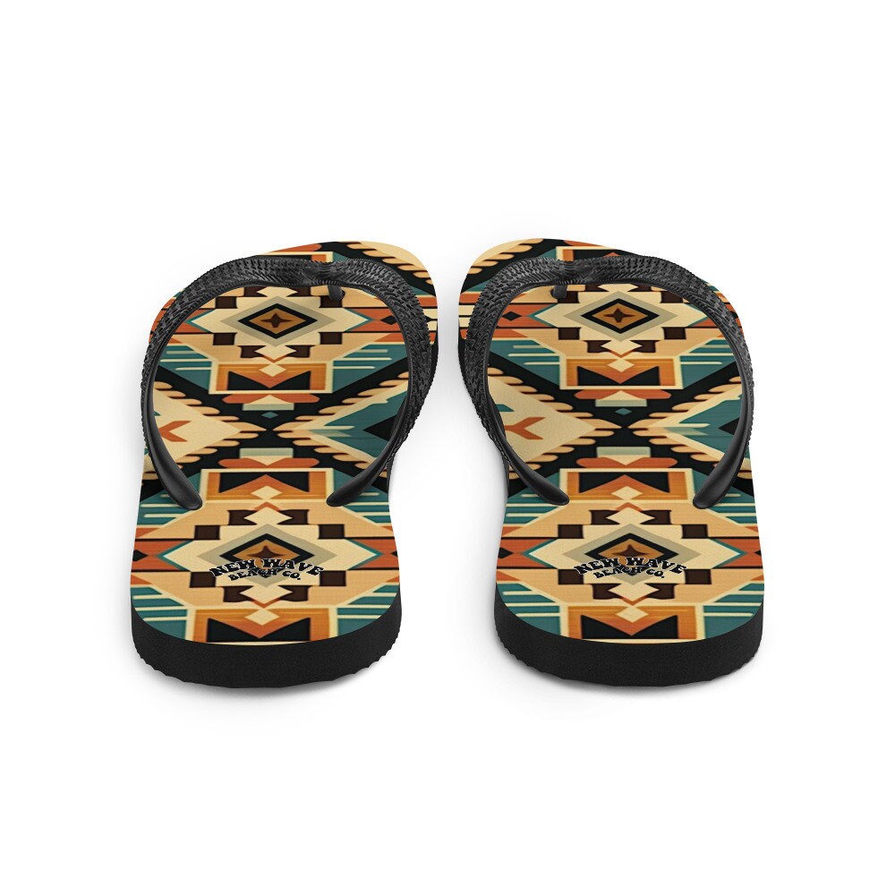 Emerald Blossoms - Retro Kilim Black Blue Orange Flip Flops Colorful