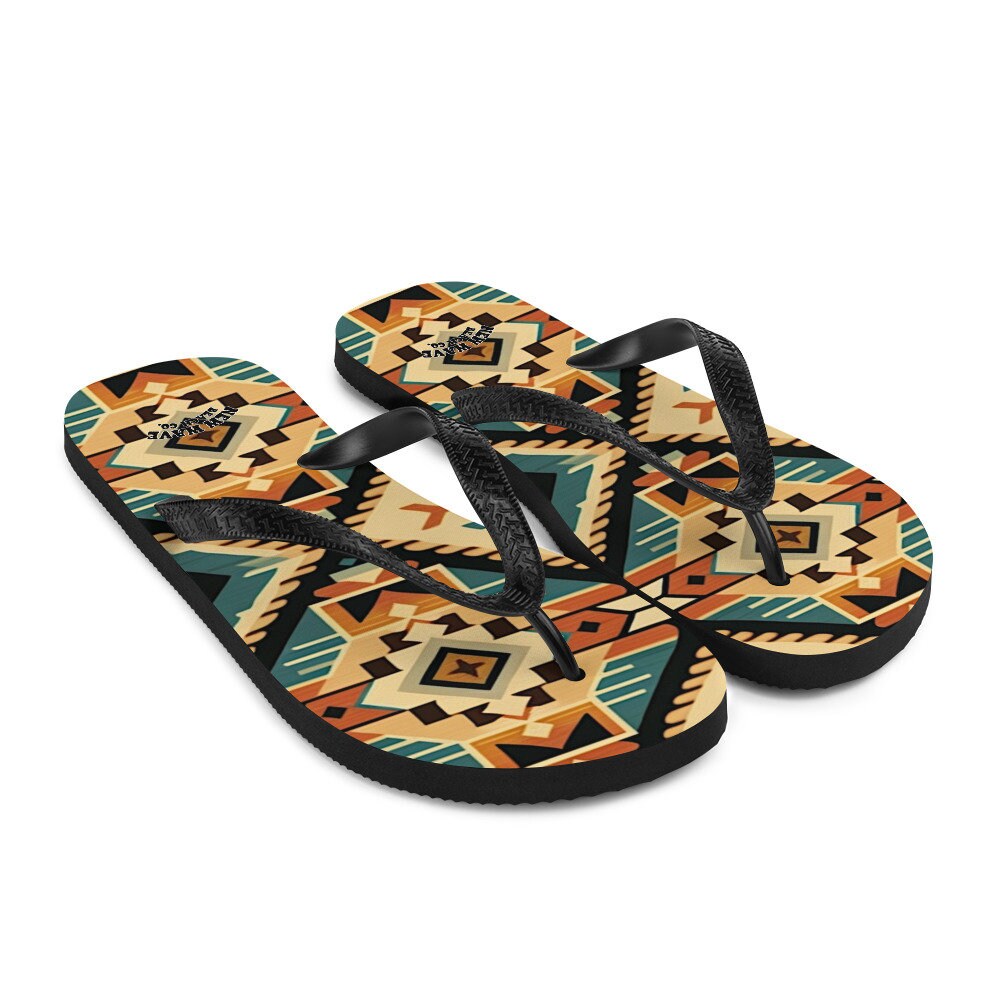 Emerald Blossoms - Retro Kilim Black Blue Orange Flip Flops Colorful