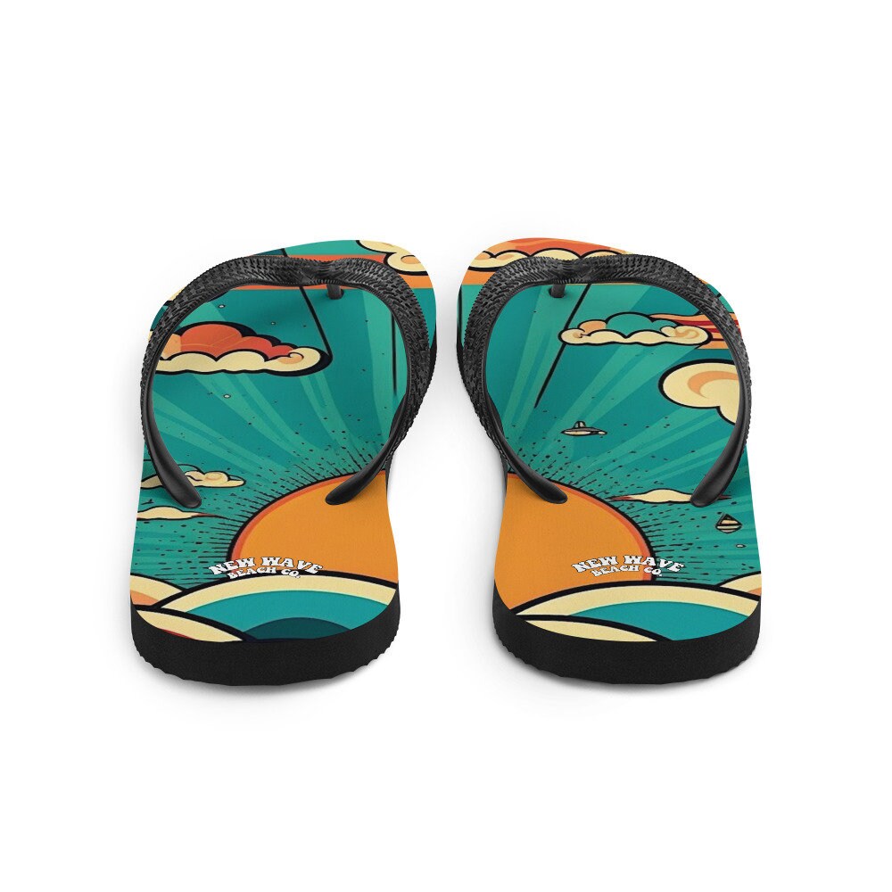 Emerald Blossoms - Retro Cartoon Sunshine Sky Flip Flops Colorful