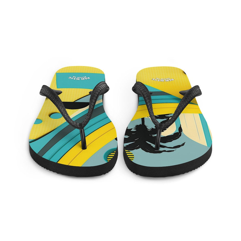 Emerald Blossoms - Abstract Yellow Blue Palm Tree Flip Flops Colorful