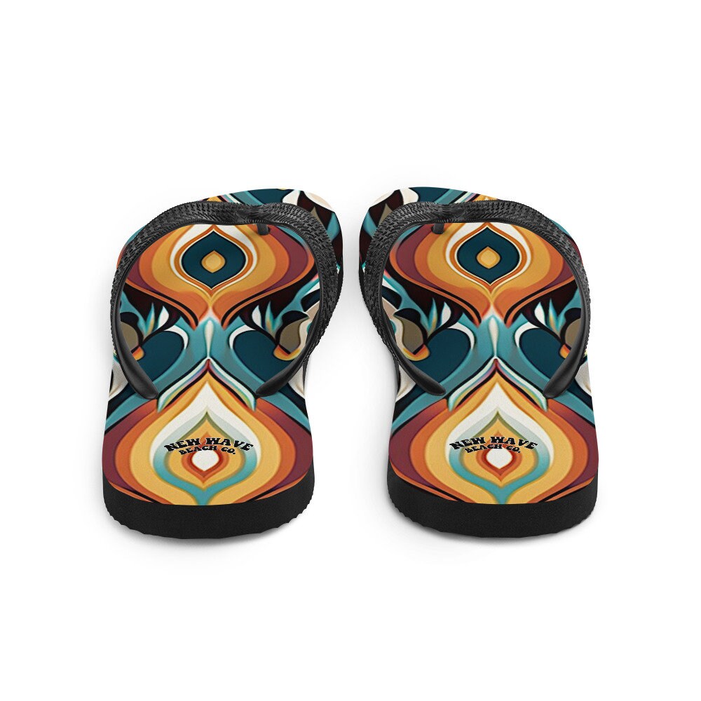 Emerald Blossoms - Retro Ikat Yellow Blue Orange Flip Flops Colorful