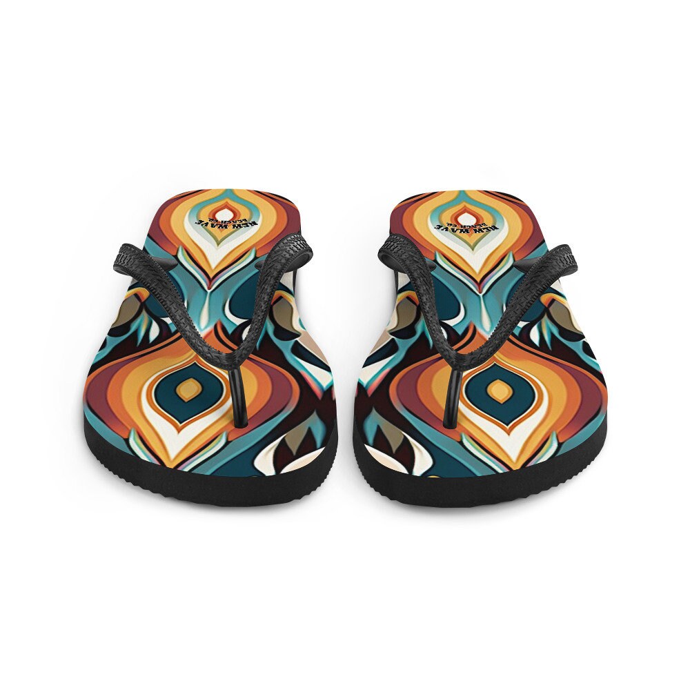 Emerald Blossoms - Retro Ikat Yellow Blue Orange Flip Flops Colorful