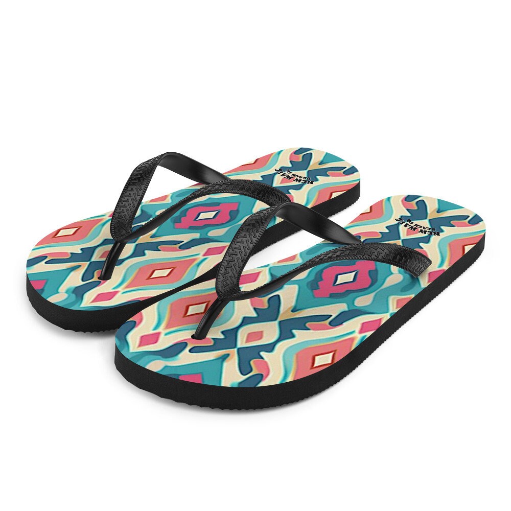Emerald Blossoms - Retro Ikat Pink Blue Flip Flops Colorful