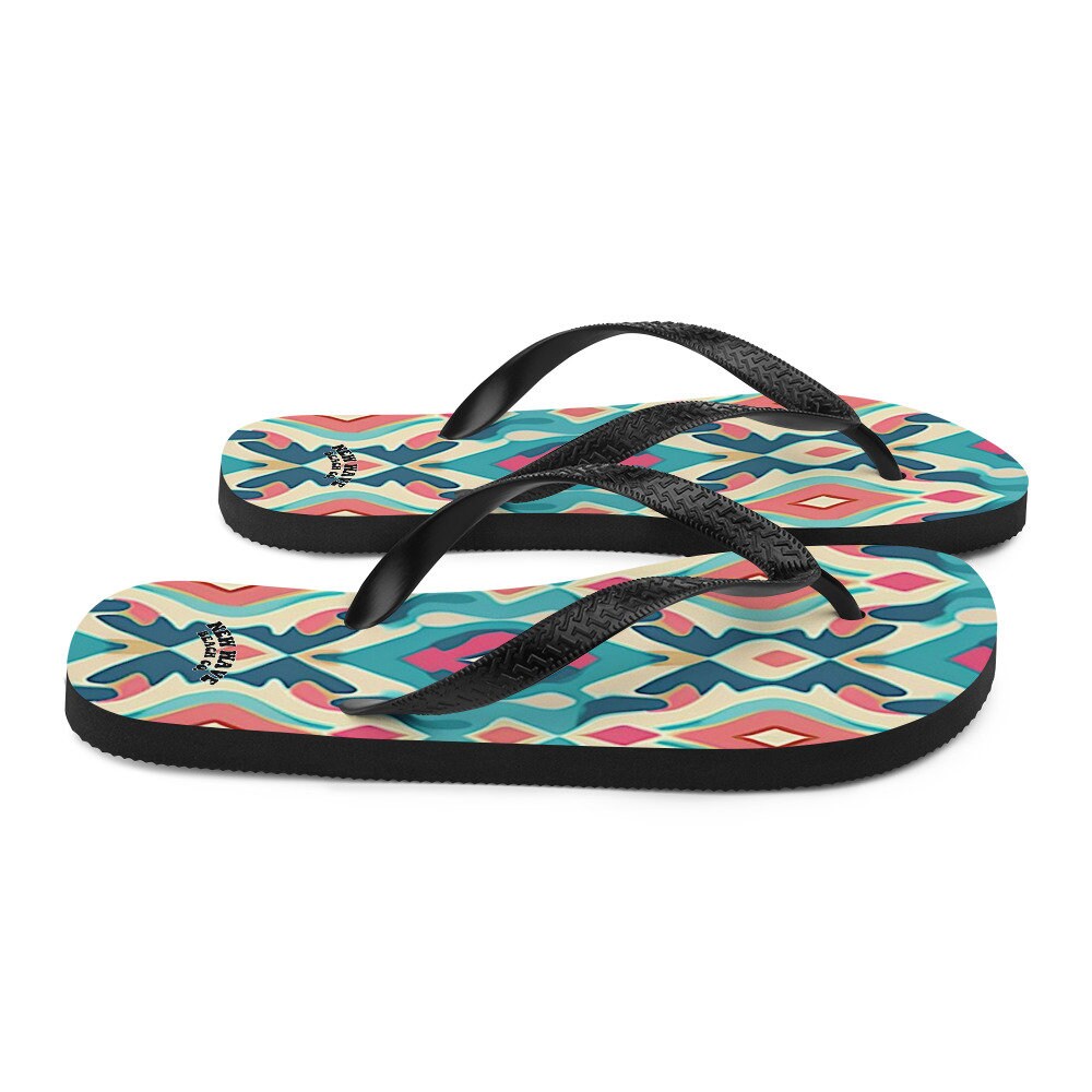 Emerald Blossoms - Retro Ikat Pink Blue Flip Flops Colorful