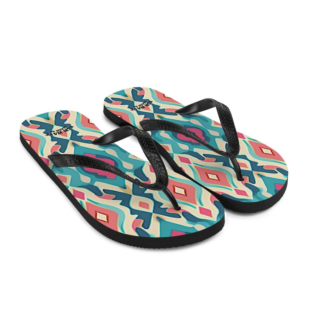 Emerald Blossoms - Retro Ikat Pink Blue Flip Flops Colorful