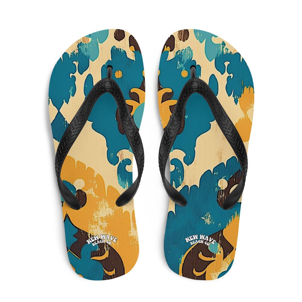 Emerald Blossoms - Retro Faded Ikat Yellow Blue Flip Flops Colorful