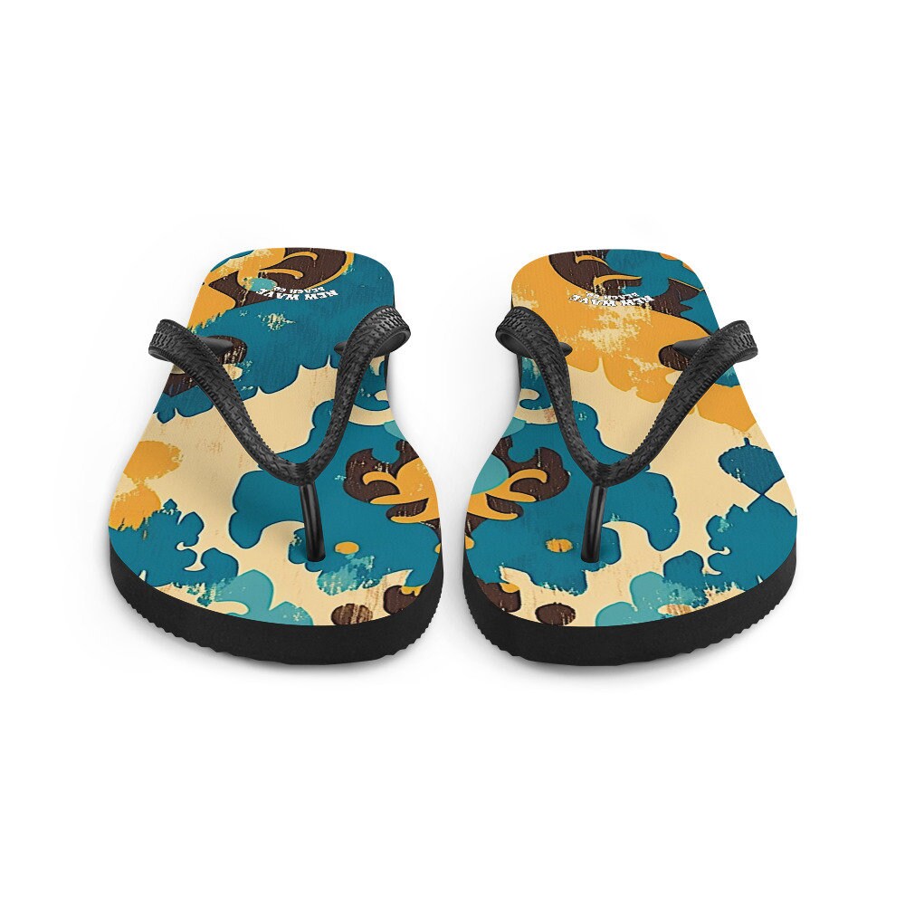 Emerald Blossoms - Retro Faded Ikat Yellow Blue Flip Flops Colorful