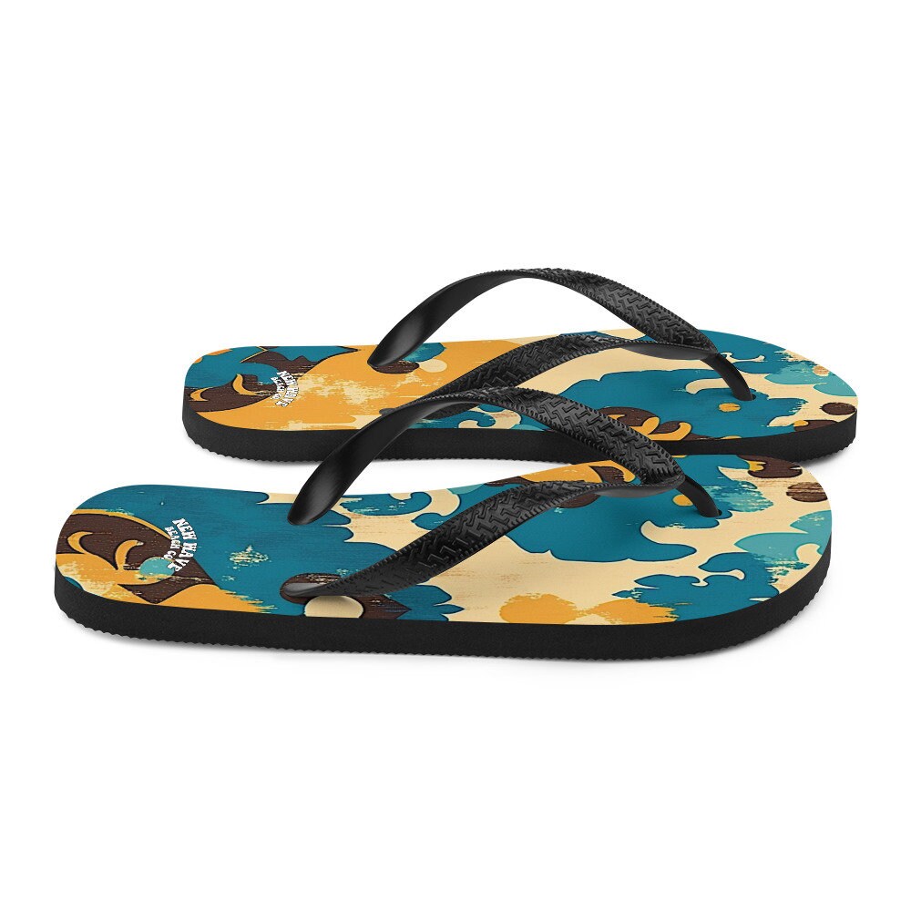 Emerald Blossoms - Retro Faded Ikat Yellow Blue Flip Flops Colorful