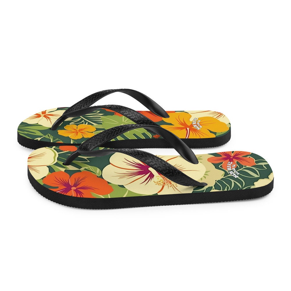 Emerald Blossoms - Vintage Tropical Hawaiian Flower Flip Flops Exotic Comfortable Footwear Thong Sandals Summer Woman Men Beach Print Rubber Slip On Shoes